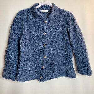 SB Collection Wool Alpaca Teddy Sherpa Blue Fuzzy Thick  Cardigan Womens L